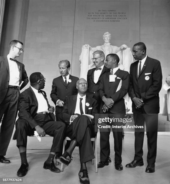 Leaders of the March on Washington gather in front of the statue of Abraham Lincoln inside the Lincoln Memorial in Washington, DC, August 28, 1963....