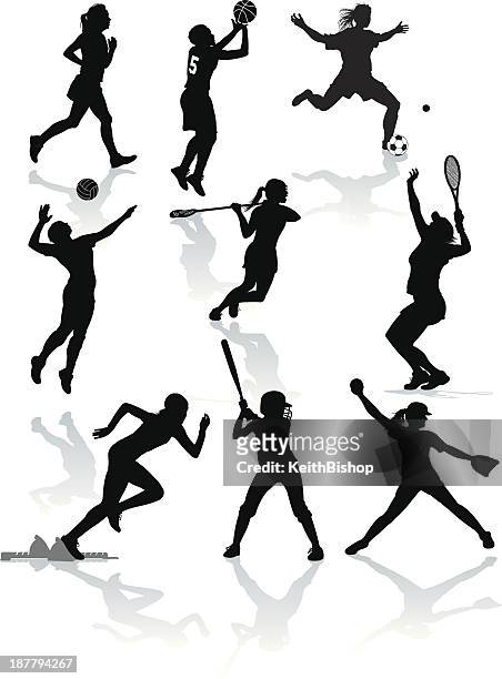weibliche athleten-softball, tennis, fußball, rugby, basketball und volleyball - women's track stock-grafiken, -clipart, -cartoons und -symbole