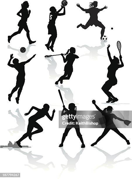 bildbanksillustrationer, clip art samt tecknat material och ikoner med female athletes - softball, tennis, soccer, lacrosse, volleyball, basketball - softball sport