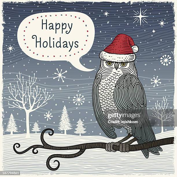 winter scene with owl - comic font stock illustrations