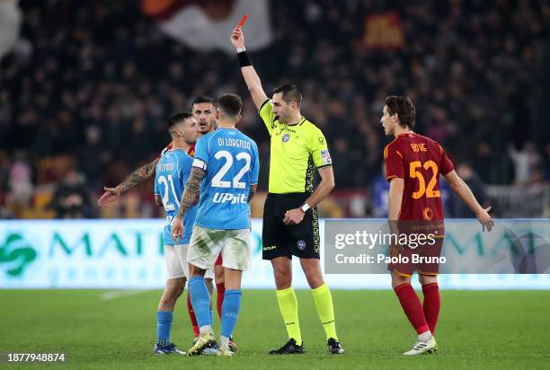 Matteo Politano of SSC Napoli is shown a red card by Referee Andrea Colombo during the Serie A TIM match between AS Roma and SSC Napoli at Stadio...