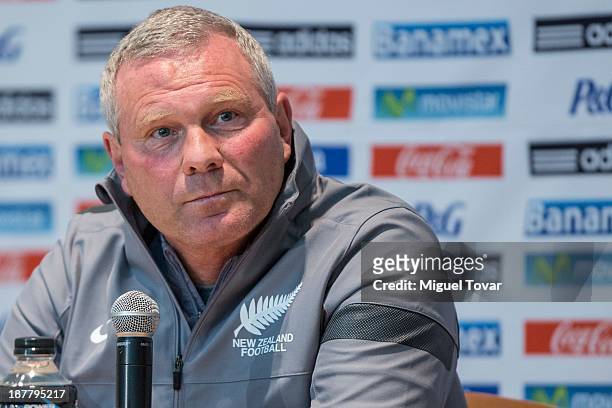 Ricki Herbert, head coach of New Zeland national soccer team talks during a press conference at the Azteca stadium prior to face Mexico as part of...