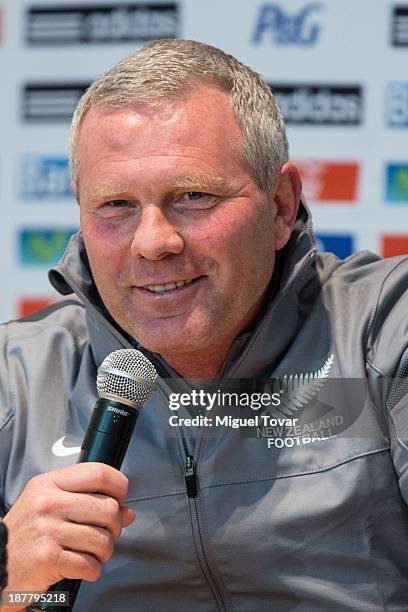 Ricki Herbert, head coach of New Zeland national soccer team talks during a press conference at the Azteca stadium prior to face Mexico as part of...