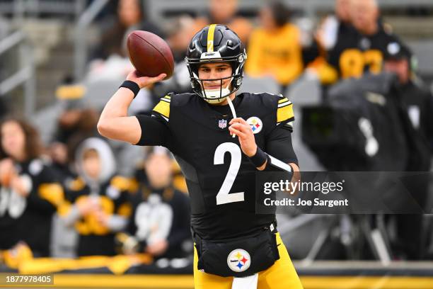 Mason Rudolph of the Pittsburgh Steelers warms up a pass prior to a game against the Cincinnati Bengals at Acrisure Stadium on December 23, 2023 in...