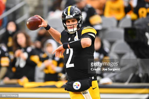 Mason Rudolph of the Pittsburgh Steelers warms up a pass prior to a game against the Cincinnati Bengals at Acrisure Stadium on December 23, 2023 in...