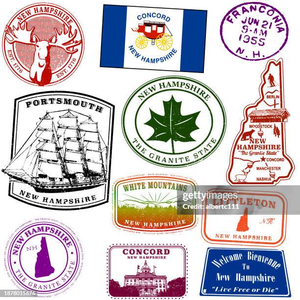 new hampshire travel stamp collection - portsmouth stock illustrations