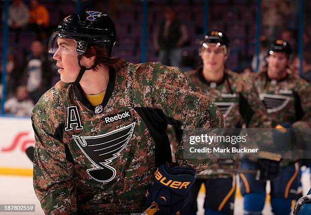 Oshie of the St. Louis Blues warms up prior to a game against the Phoenix Coyotes on November 12, 2013 at Scottrade Center in St. Louis, Missouri....