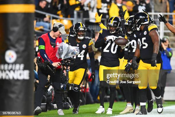 Patrick Peterson of the Pittsburgh Steelers celebrates with teammates after securing an interception during the first quarter of a game against the...