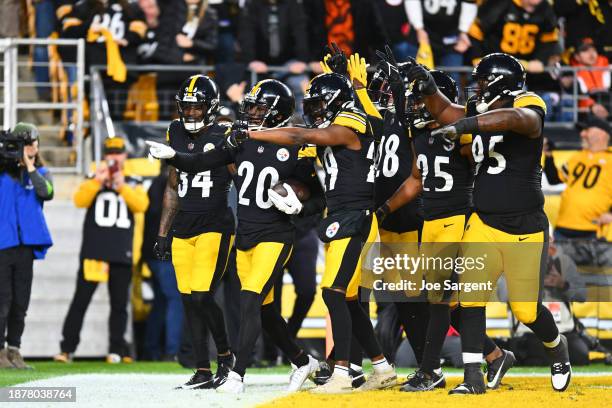 Patrick Peterson of the Pittsburgh Steelers celebrates with teammates after securing an interception during the first quarter of a game against the...