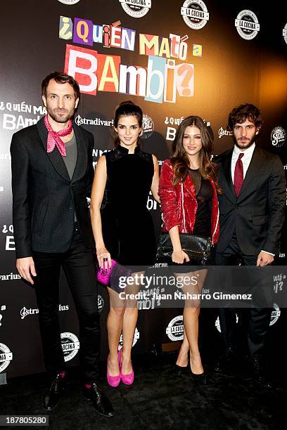 Javier Villagran, Clara Lago, Ursula Corbero and Quim Gutierrez attend 'Quien Mato a Bambi?' premiere at La Cocina Rock Bar on November 12, 2013 in...