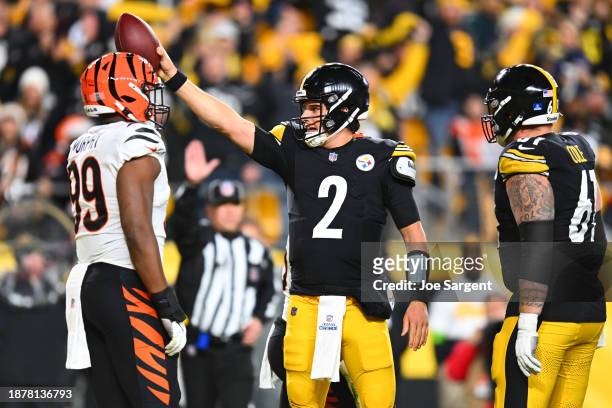 Mason Rudolph of the Pittsburgh Steelers celebrates after securing a first down during the second quarter of a game against the Cincinnati Bengals at...