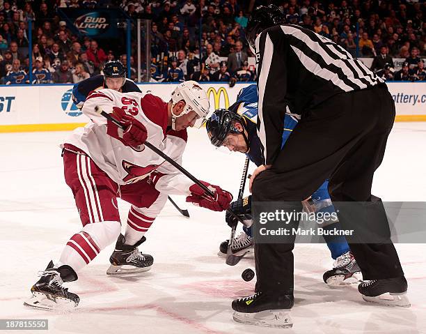 Mike Ribeiro of the Phoenix Coyotes faces off against Patrik Berglund of the St. Louis Blues on November 12, 2013 at Scottrade Center in St. Louis,...