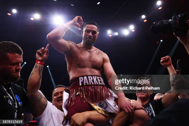 Joseph Parker celebrates victory following the WBC International & WBO Intercontinental Heavyweight title fight between Deontay Wilder and Joseph...