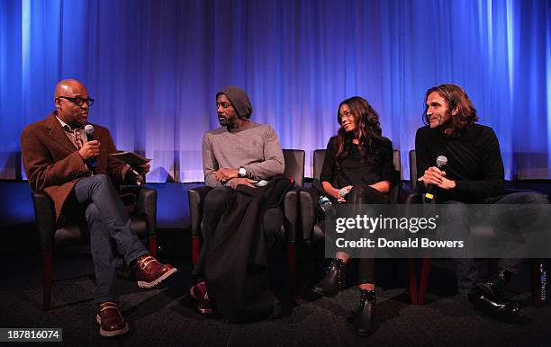 Patrick Harrison, Idris Elba, Naomie Harris and Justin Chadwick attend The Academy Of Motion Picture Arts And Sciences Hosts An Official Academy...