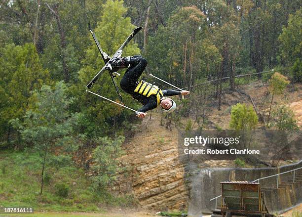 Brodie Summers of the Australian Moguls Team jumps during a training session at the Lilydale water ramp training facility on November 13, 2013 in...