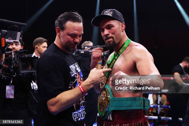 Joseph Parker celebrates victory with Coach Andy Lee following the WBC International & WBO Intercontinental Heavyweight title fight between Deontay...
