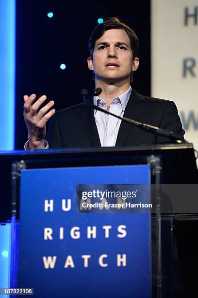 Actor Ashton Kutcher speaks at the Human Rights Watch Voices For Justice Dinner at The Beverly Hilton Hotel on November 12, 2013 in Beverly Hills,...