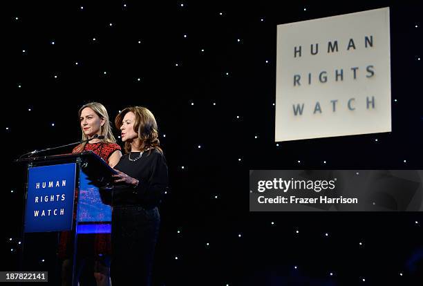 Co-Chairs Rica Rodman and Miriam Muscarolas speak at the Human Rights Watch Voices For Justice Dinner at The Beverly Hilton Hotel on November 12,...