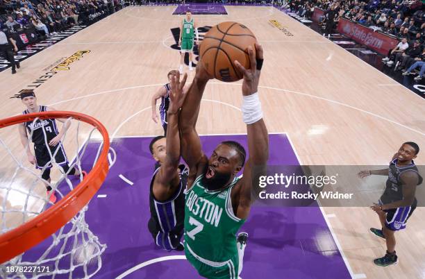 Jaylen Brown of the Boston Celtics goes up for the dunk during the game against the Sacramento Kings on December 20, 2023 at Golden 1 Center in...