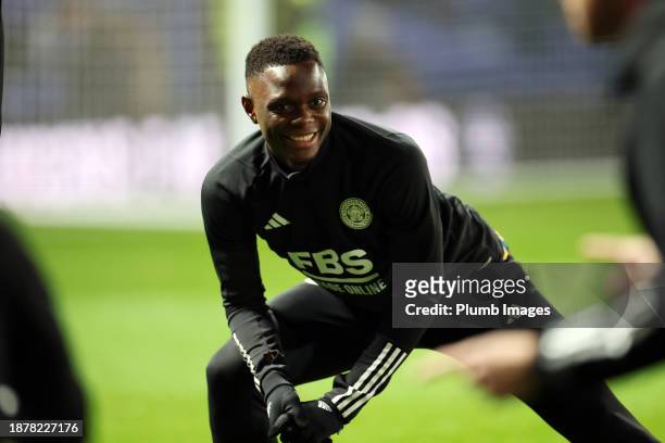Patson Daka of Leicester City warms up ahead of the Sky Bet Championship match between Ipswich Town and Leicester City at Portman Road on December...