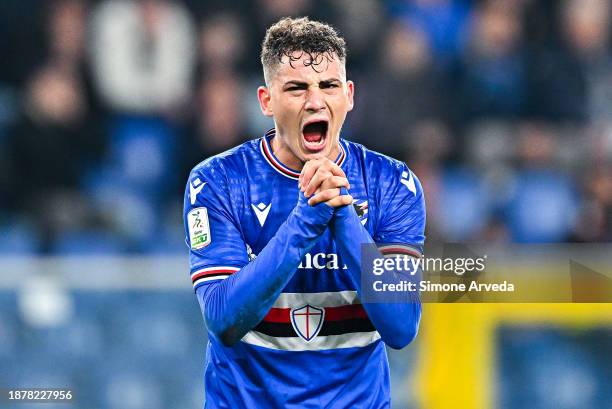 Sebastiano Esposito of Sampdoria reacts with disappointment during the Serie B match between UC Sampdoria and Ssc Bari at Stadio Luigi Ferraris on...