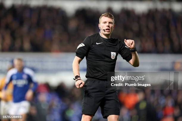 Referee Samuel Barrott during the Sky Bet Championship match between Ipswich Town and Leicester City at Portman Road on December 26, 2023 in Ipswich,...
