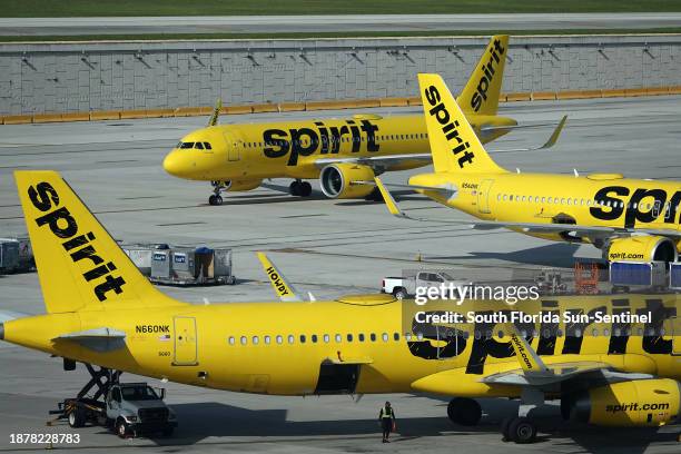 Spirit Airlines jetliners on the tarmac at Fort Lauderdale Hollywood International Airport.