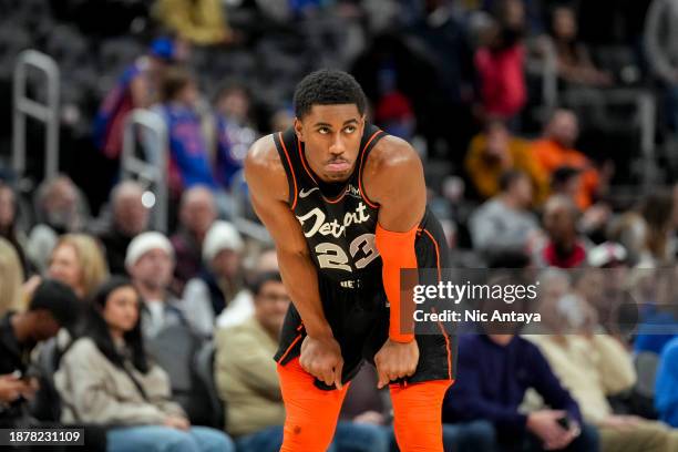 Jaden Ivey of the Detroit Pistons looks on during the last moments of the fourth quarter against the Brooklyn Nets at Little Caesars Arena on...