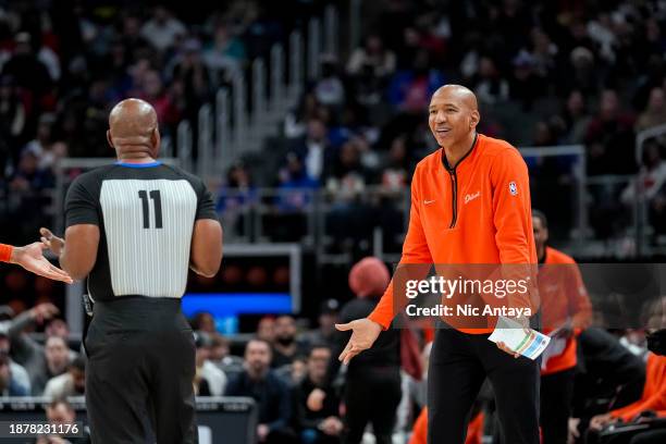 Head Coach Monty Williams of the Detroit Pistons reacts towards referee Derrick Collins during the first quarter against the Brooklyn Nets at Little...