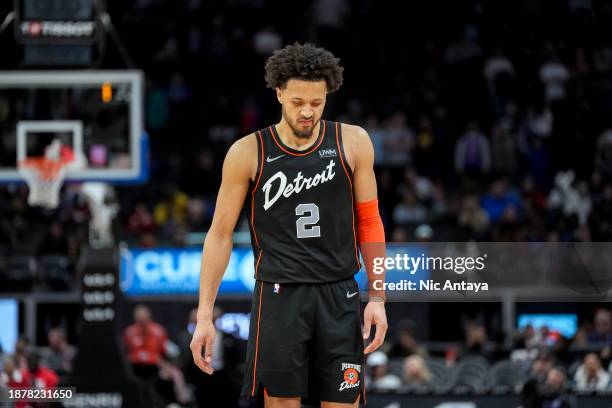 Cade Cunningham of the Detroit Pistons looks down during the last minute of the fourth quarter against the Brooklyn Nets at Little Caesars Arena on...