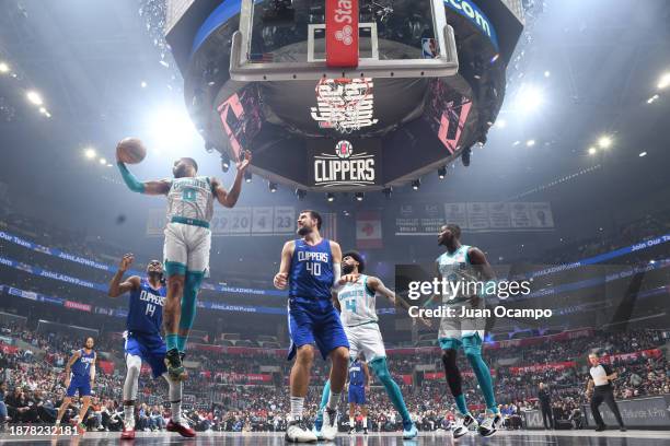 Miles Bridges of the Charlotte Hornets grabs the rebound during the game on December 26, 2023 at Crypto.Com Arena in Los Angeles, California. NOTE TO...