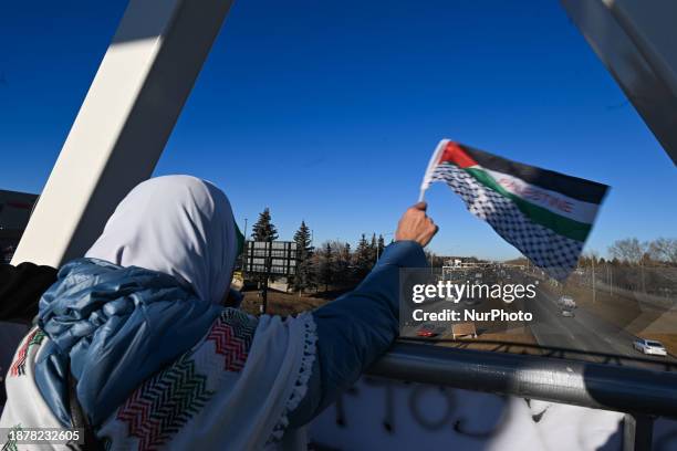 Members of the local Palestinian diaspora, joined by supporters and local activists, wave Palestinian flags and display placards during the 'Action...