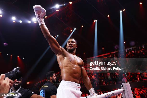 Anthony Joshua celebrates victory following the Heavyweight fight between Anthony Joshua and Otto Wallin during the Day of Reckoning: Fight Night at...