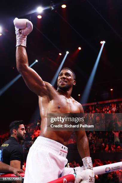 Anthony Joshua celebrates victory following the Heavyweight fight between Anthony Joshua and Otto Wallin during the Day of Reckoning: Fight Night at...