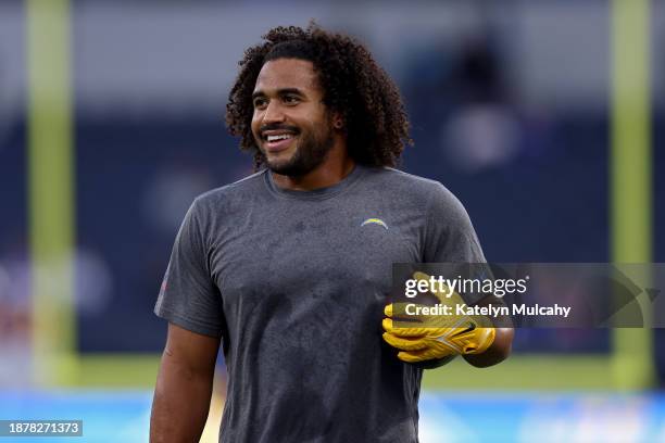 Eric Kendricks of the Los Angeles Chargers warms up before the game against the Seton Hall Pirates at SoFi Stadium on December 23, 2023 in Inglewood,...