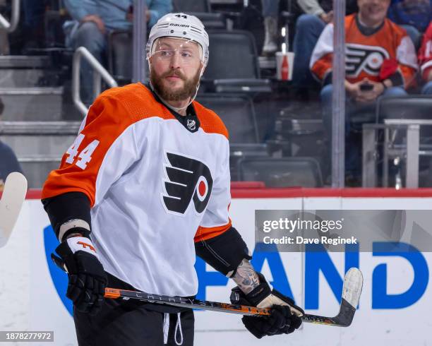 Nicolas Deslauriers of the Philadelphia Flyers looks down the ice during the first period of the game against the Detroit Red Wings at Little Caesars...