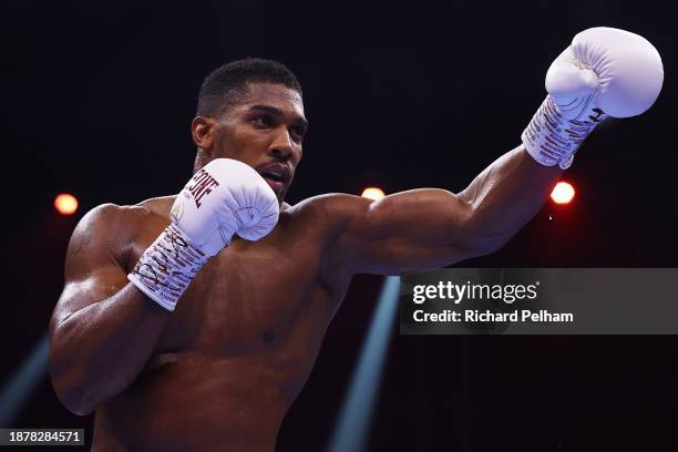 Anthony Joshua taunts during the Heavyweight fight between Anthony Joshua and Otto Wallin during the Day of Reckoning: Fight Night at Kingdom Arena...
