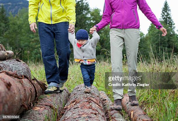 young parents and child balancing on logs - stepping stock pictures, royalty-free photos & images