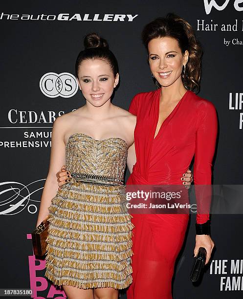 Actress Kate Beckinsale and daughter Lily Mo Sheen attend the 2013 Pink Party at Hangar 8 on October 19, 2013 in Santa Monica, California.