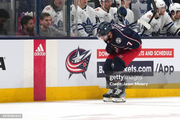 Sean Kuraly of the Columbus Blue Jackets skates off the ice injured during the first period against the Toronto Maple Leafs at Nationwide Arena on...