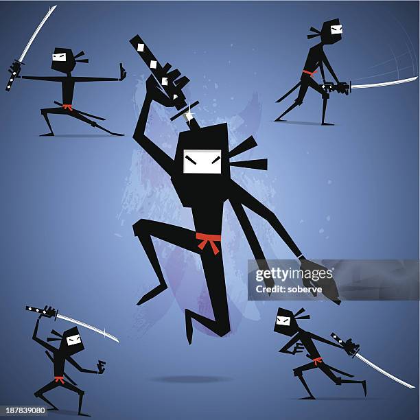 stockillustraties, clipart, cartoons en iconen met four stick figure-like ninjas with action poses - mixed martial arts
