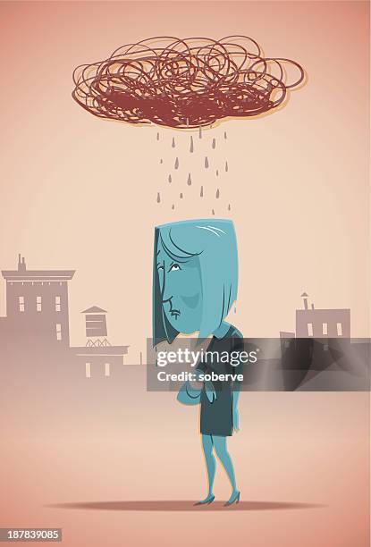 cartoon blue woman with a scribbled rain cloud above her - storm cloud stock illustrations