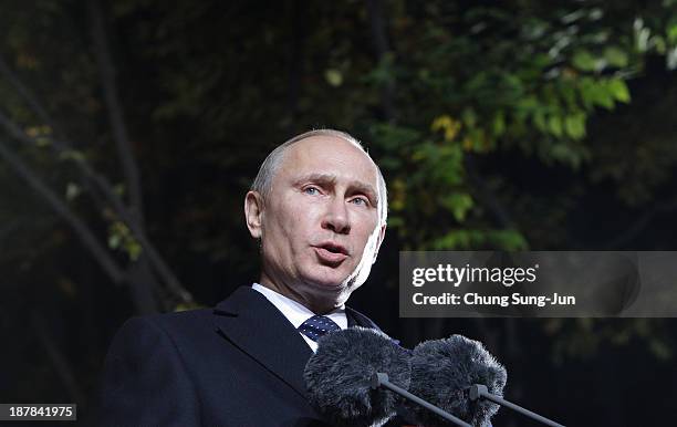Russian President Vladimir Putin speaks during the unveiling ceremony of Pushkin statue at Lotte Hotel Seoul on November 13, 2013 in Seoul, South...