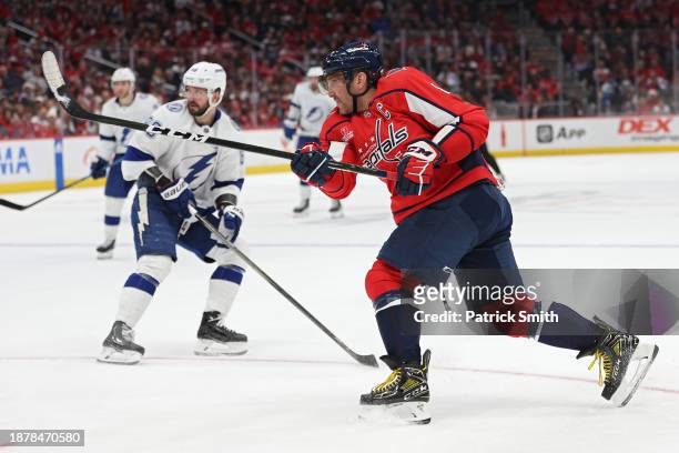 Alex Ovechkin of the Washington Capitals shoots the puck against the Tampa Bay Lightning during the second period at Capital One Arena on December...