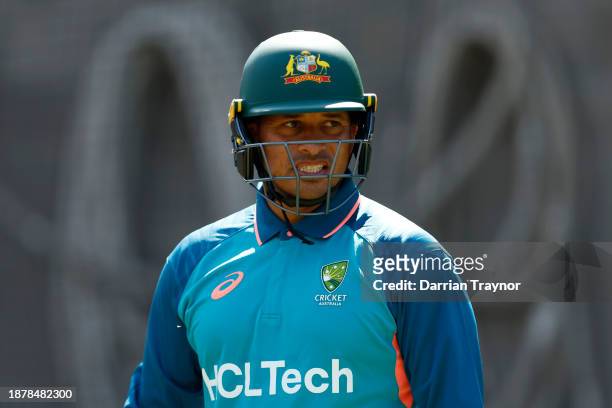 Usman Khawaja of Australia bats during an Australia Test squad nets session at Melbourne Cricket Ground on December 24, 2023 in Melbourne, Australia.