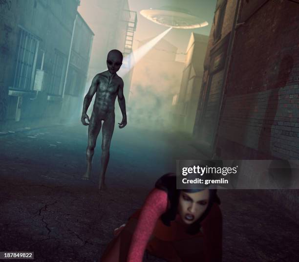 alien ufo abduction in dark street - ufo abduction stock pictures, royalty-free photos & images