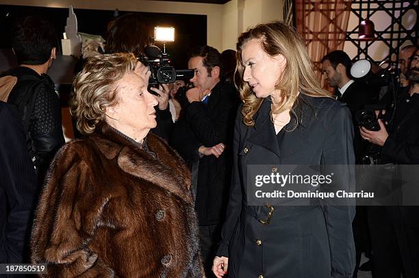 Bernadette Chirac and French First Lady Valerie Trierweiler attend 'Esprit Dior, Miss Dior' Exhibition Opening in Galerie Courbe at Grand Palais on...