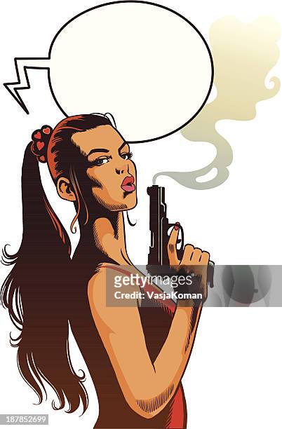 sexy young woman with smoking gun - woman with gun stock illustrations