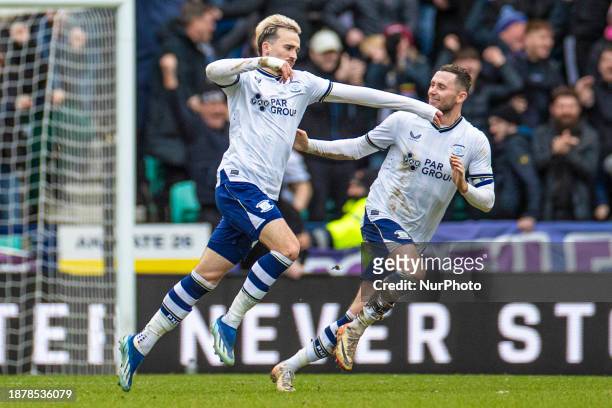 Liam Millar of Preston North End is celebrating his goal during the Sky Bet Championship match between Preston North End and Leeds United at Deepdale...