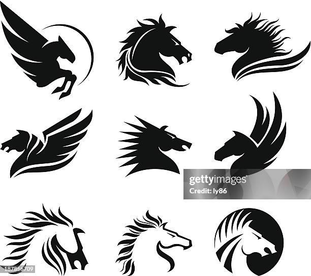 nine different black and white horse heads - black horse face stock illustrations